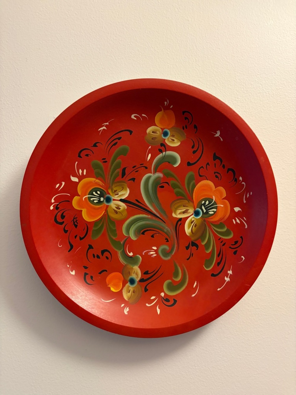 Vintage Made in Norway Hand-Painted Floral Red wooden bowl/plate